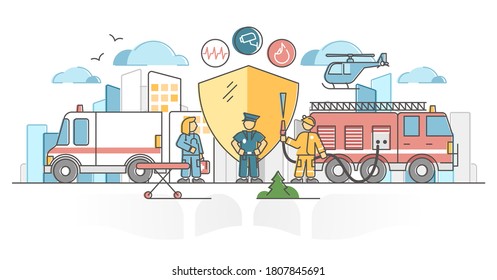 Public safety protection by police, ambulance and firefighter outline concept. Emergency help service crew together on city accident vector illustration. 911 protection and care as work and occupation