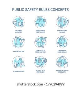 Public safety rules concept icons set. Workplace safety guidelines idea thin line illustration. Contactless food delivery. Screen visitors. Vector isolated outline RGB color drawing. Editable stroke