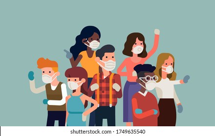 Public safety and sanitary norms during coronavirus pandemic concept with resolute group of various people ready to fight against virus. Diverse group of people wearing masks and gloves 