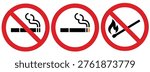 Public safety signage collection in a flat vector format, restricted smoking, banned fire hazards, no tobacco, and flames.