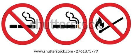 Public safety signage collection in a flat vector format, restricted smoking, banned fire hazards, no tobacco, and flames.