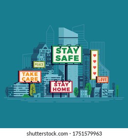 Public safety and support messages shown on billboards and banners all over a city concept vector illustration