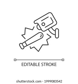 Public Safety With Video Surveillance Linear Icon. Decreasing Violent Acts And Vandalism Risk. Thin Line Customizable Illustration. Contour Symbol. Vector Isolated Outline Drawing. Editable Stroke