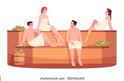 Public sauna semi flat RGB color vector illustration. Public russian stove for female and male. Finnish bathhouse. Friends in spa resort isolated cartoon character on white background