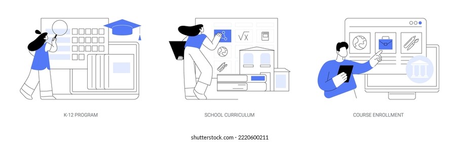 Public school abstract concept vector illustration set. K-12 program, school curriculum, course enrollment, learning calendar, education plan, degree program, new student abstract metaphor.