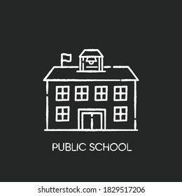 Public school chalk white icon on black background. Educational institution funded by government. Free academic learning. State school, community college Isolated vector chalkboard illustration