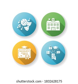 Public school education flat design long shadow glyph icons set. Extracurricular activities, bachelor degree and digital literacy. Diploma and e learning. Silhouette RGB color illustrations