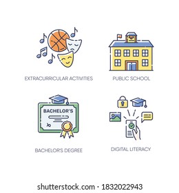 Public School Education RGB Color Icons Set. Extracurricular Activities, Bachelor Degree And Digital Literacy. Diploma And E Learning. Isolated Vector Illustrations