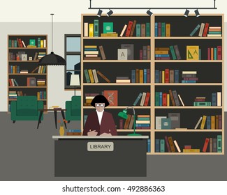 Public school library flat interior with books. Vector illustration of reading room.