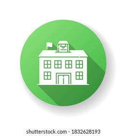 Icono de glifo oscuro de diseño amarillo de escuela pública. Institución educativa financiada por el gobierno. Aprendizaje académico gratuito. Escuela estatal, silueta universitaria comunitaria, ilustración de color RGB