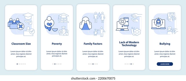 Escuelas públicas desafían la pantalla de aplicaciones móviles en azul claro. Recorrido 5 pasos instrucciones gráficas editables con conceptos lineales. UI, UX, plantilla GUI. Multitud de tipos de letra Pro-Bold, con uso regular