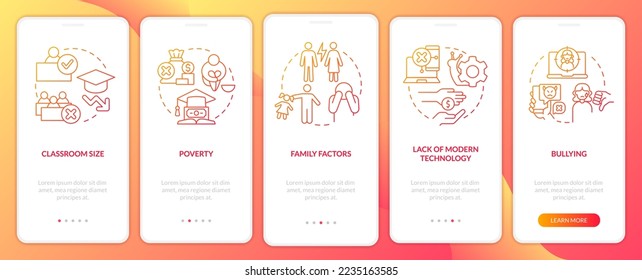 Public schools challenges red gradient onboarding mobile app screen. Walkthrough 5 steps graphic instructions with linear concepts. UI, UX, GUI template. Myriad Pro-Bold, Regular fonts used