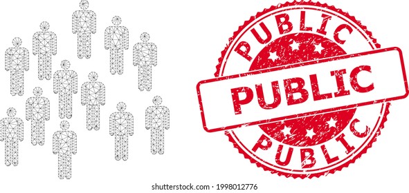 Public scratched seal print and vector people crowd mesh structure. Red stamp seal contains Public text inside. Abstract flat mesh people crowd, designed with flat mesh.