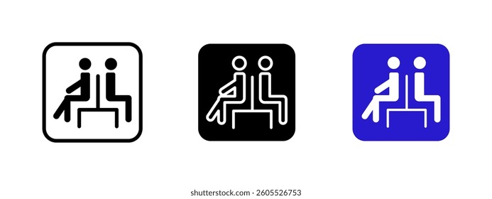 Public seating icon. Waiting area vector illustration. Bench symbol for rest and waiting in stations, parks and public facilities. Comfort and convenience sign for passengers and visitors.