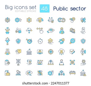Public sector RGB color icons set. Services and enterprises. Government digital transformation. Isolated vector illustrations. Simple filled line drawings collection. Editable stroke