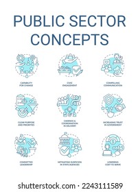 Public sector turquoise concept icons set. Governmental services and enterprises. idea thin line color illustrations. Isolated symbols. Editable stroke. Roboto-Medium, Myriad Pro-Bold fonts used