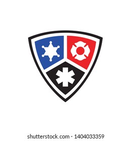 Public secure badge emblem flat color logo design with police, medical and firearms icon