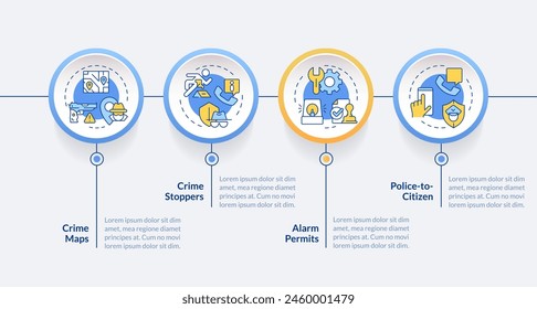 Public security circle infographic template. Crime stoppers. Data visualization with 4 steps. Editable timeline info chart. Workflow layout with line icons. Lato-Bold, Regular fonts used