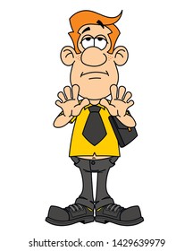 Public servant, tax inspector,insurance or advertising agent. Red-haired guy in a business tie and briefcase. Gesture stop, calm down.