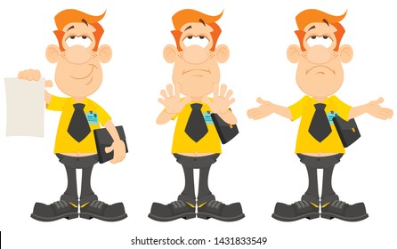 Public servant, tax inspector,insurance or advertising agent. Red-haired guy in a business tie with a briefcase presents an official document. Gesture stop, calm down. Gesture sorry, bad luck.