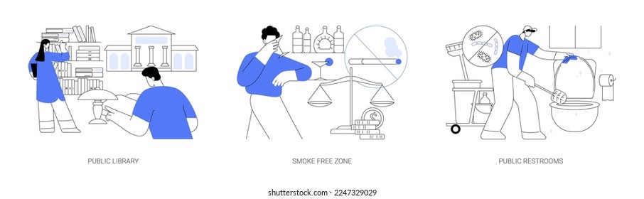 Public service abstract concept vector illustration set. Public library, smoke free zone, restroom facilities, no smoking area, place for children, cleaning and disinfection abstract metaphor.