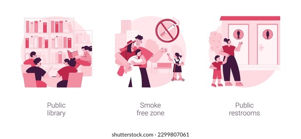 Public service abstract concept vector illustration set. Public library, smoke free zone, restroom facilities, no smoking area, place for children, cleaning and disinfection abstract metaphor.
