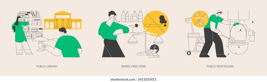 Public service abstract concept vector illustration set. Public library, smoke free zone, restroom facilities, no smoking area, place for children, cleaning and disinfection abstract metaphor.