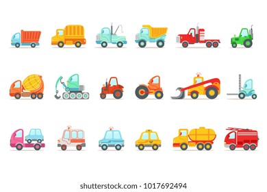 Public Service, Construction And Road Working Cars Set Of Colorful Toy Cartoon Icons