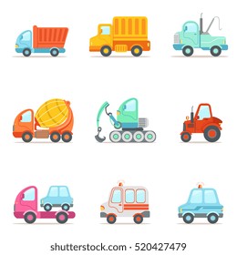 Public Service, Construction And Road Working Cars Set Of Colorful Toy Cartoon Icons