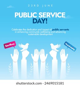 Public service day banner, social media post. 23rd June UN's public service day appreciation banner with hands and doves in white silhouette and sky blue background. 