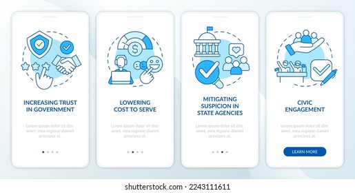 La entrega del servicio público cambia la pantalla azul de la aplicación móvil. Recorrido 4 pasos instrucciones gráficas editables con conceptos lineales. UI, UX, plantilla GUI. Multitud de tipos de letra Pro-Bold, con uso regular
