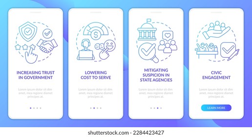 Public service delivery changes blue gradient onboarding mobile app screen. Walkthrough 4 steps graphic instructions with linear concepts. UI, UX, GUI template. Myriad Pro-Bold, Regular fonts used