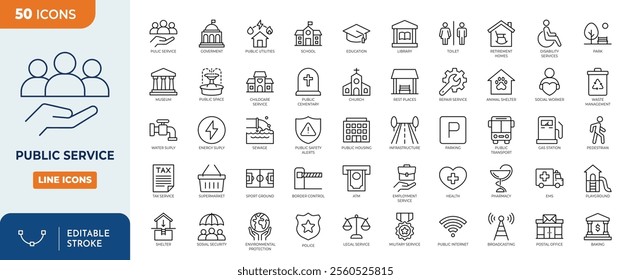 Public service editable icon set. Containing community center, public park, city hall, government,policy, needs, community, public finance, interest, volunteer, electricity, and more. Editable stroke