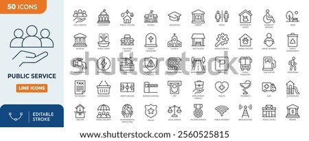 Public service editable icon set. Containing community center, public park, city hall, government,policy, needs, community, public finance, interest, volunteer, electricity, and more. Editable stroke