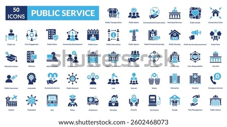 public service fill icon set collection. community center, public park, city hall, emergency service, public library, transportation, public safety, environmental, municipal services, healthcare
