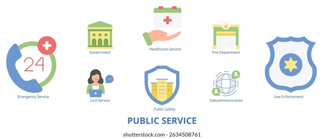 Public Service Flat Banner Web Icon Set Vector Illustration