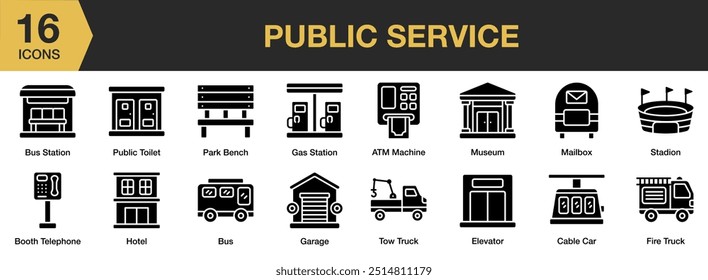 Public Service Glyph icon set. Includes Atm machine, booth telephone, bus station, cable car, elevator, and More. Solid icons vector collection.