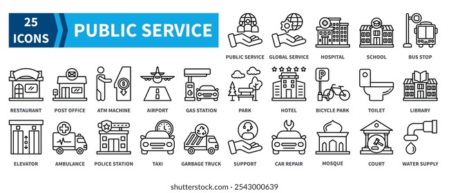 Public Service icon collection set. Containing public service, hospital, school, bus stop, post office, airport, ambulance, police station icon. Simple black outline vector.