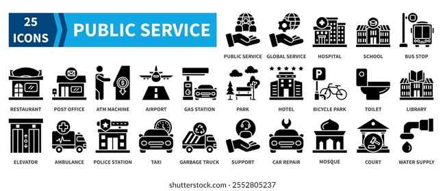 Public Service icon collection set. Containing public service, hospital, school, bus stop, post office, airport, ambulance, police station icon. Simple black fill vector.