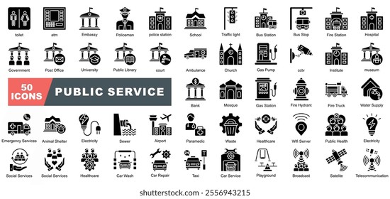 Public Service Icon Collection Set containing Telecommunication,Satelite,Taxi,Car Service,Broadcast,Metrics icon.Simple glyph illustration