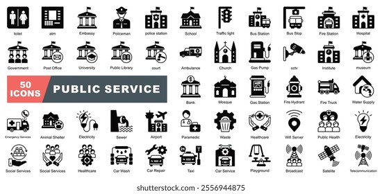 Public Service Icon Collection Set containing Telecommunication, Satellite, Taxi, Car Service, Broadcast, Metrics icon.Simple illustration