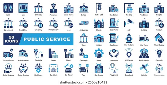 Public Service icon collection set. Containing toilet,School, Airport,Bank, Hospital,Taxi,Satellite,Ambulance,atm,Institute icon.Simple vector.