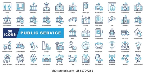 Public Service icon collection set. Containing toilet,School, Airport,Bank, Hospital,Taxi,Satellite,Ambulance,atm,Institute icon.Simple vector.