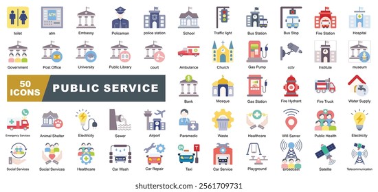 Public Service icon collection set. Containing toilet,School, Airport,Bank, Hospital,Taxi,Satellite,Ambulance,atm,Institute icon.Simple vector.