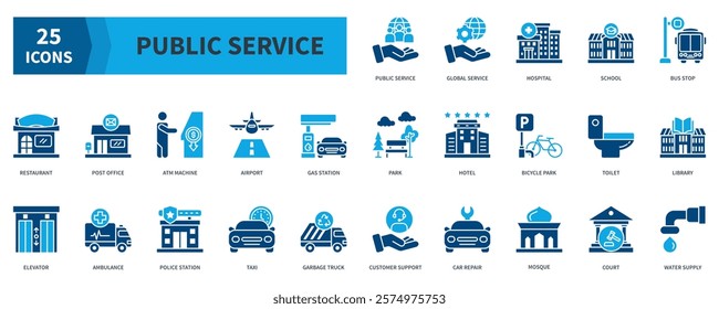 Public Service Icon Collection Set. Containing  public service, hospital, school, bus stop, post office, airport, ambulance, police station Icon. Simple Flat Vector. Blue Color Style