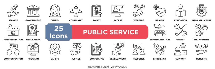 Public Service icon collection set. Containing service,government,citizen,community,policy,access,welfare,health,education,infrastructure icon. Simple line vector.
