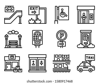 
Public service icon. Contains icons with disabilities, escalators, parking, parks, trains and more. Eps10 vector