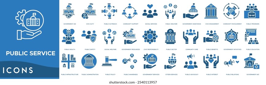 Icono de servicio público. Ayuda gubernamental, deber cívico, alcance público, Asistencia comunitaria y servicios sociales