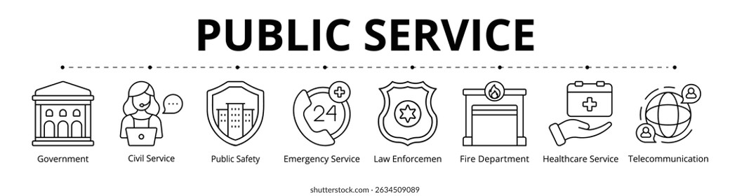 Public Service Line Banner Web Icon Set Vector Illustration