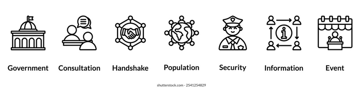 Public Service line icon set. Government, Consultation, Handshake, Population, Security, Information, Event